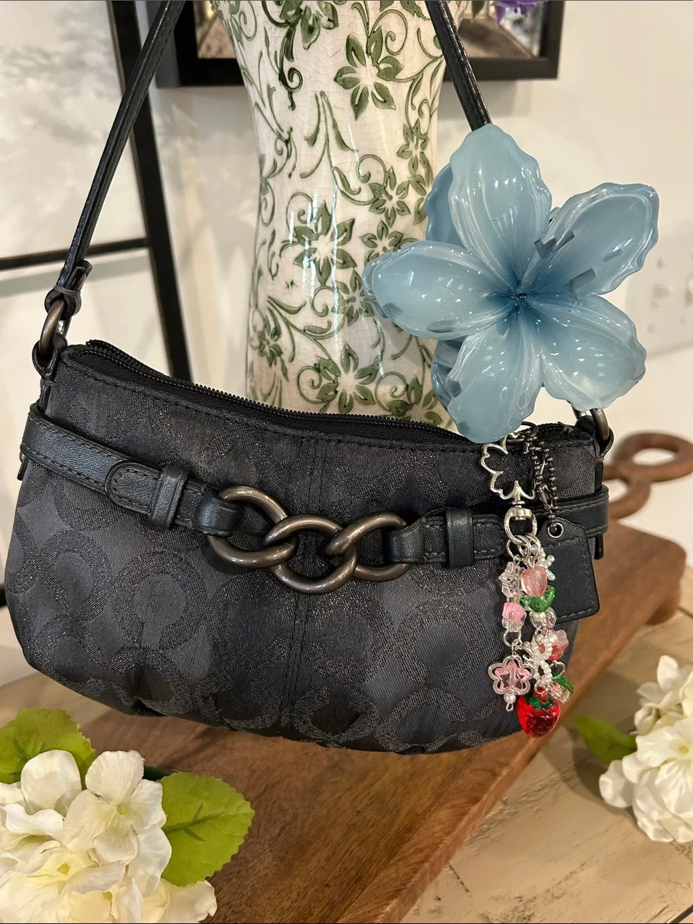 Coach Black Jacquard Shoulder Bag with Chunky Chain
